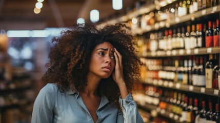 A bewildered woman upset by the prices of products in the supermarket. - obrazy, fototapety, plakaty