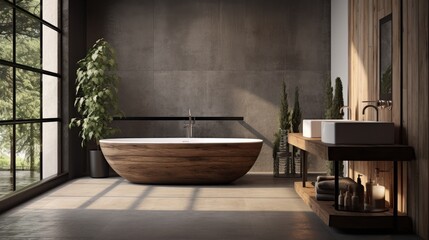 Fototapeta na wymiar Modern and comfortable interior design - bathroom in gray and wooden materials. 