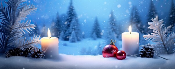 Winter Forest Landscape With Burning Candles Christmas Decoration.