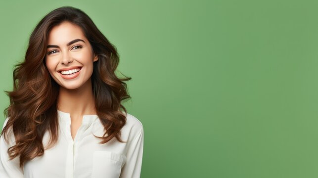 A young caucasian woman, isolated on a green background, wearing casual clothes, with a playful grin, embodying a carefree, whimsical demeanor.