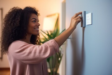 Woman adjusting smart thermostat control on wall. - obrazy, fototapety, plakaty