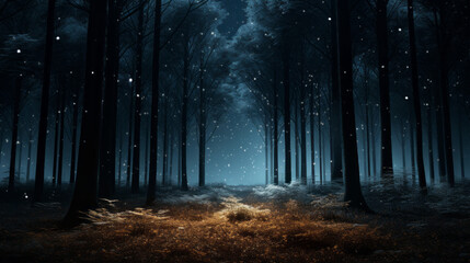 A forest of trees stands tall and proud against the night sky, their leaves rustling in the breeze - obrazy, fototapety, plakaty