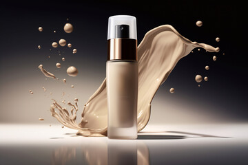Bottle of makeup foundation and samples on beige background. Cosmetic product presentation. Luxury flying liquid in motion. Feminine copy space, nude, brown template