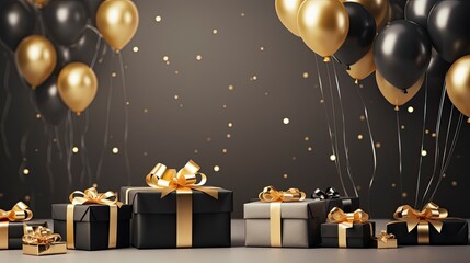 Black Friday sale banner with ballon and gift box space for text.