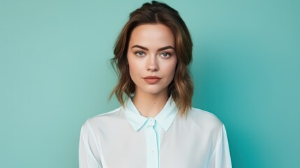 A young caucasian woman, isolated on a turquoise background, wearing a chic, urban outfit, her face exuding confidence and modern-day charm