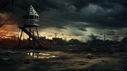 a dilapidated, forgotten playground under a melancholic sky. - Powered by Adobe