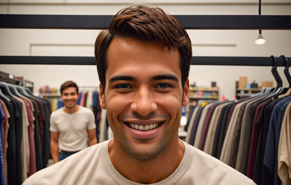 Handsome young man looking at camera and smiling while standing in clothing store