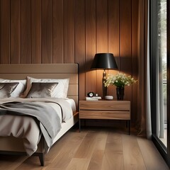 Mattress with bedside cabinet and black lamp against a wooden wall, AI generative.