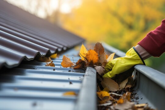 A man cleaning leaves in a rain gutter on a roof.