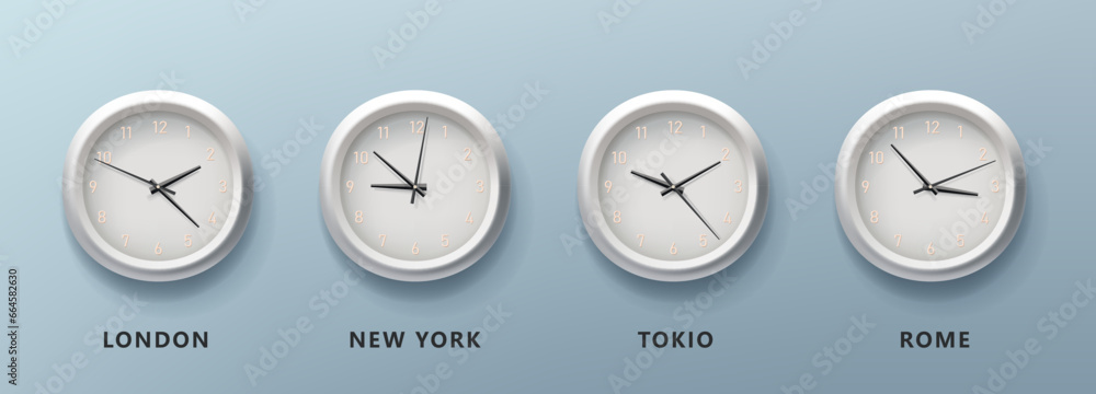 Aufkleber 3d analog clock realistic illustration, 4 clocks with different time zones time with numbers and arr