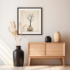 wooden cabinet against white wall and flower art poster, Modern Livingroom, AI generative.
