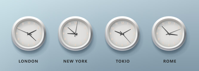 3d analog clock realistic illustration, 4 clocks with different time zones time with numbers and arrows pointing, minutes hours and seconds
