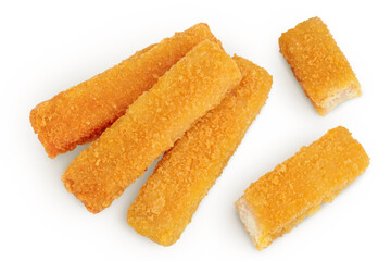 Fish finger or stick isolated on white background. Top view. Flat lay.