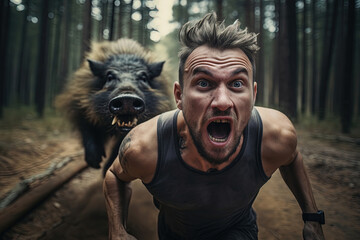 Man running from a wild boar. - obrazy, fototapety, plakaty