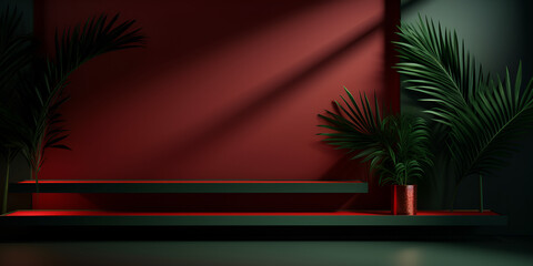 Dark green and red modern mock up scene with light and shadows, product presentation concept