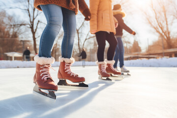 Children friends group skating on outdoor skating rink. Legs in skates close-up - obrazy, fototapety, plakaty