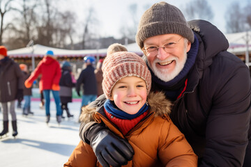 Fototapeta premium Happy grandfather and grandson having fun and skating on outdoor skating rink