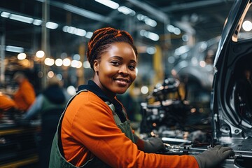 African American woman working on car assembly line in factory.