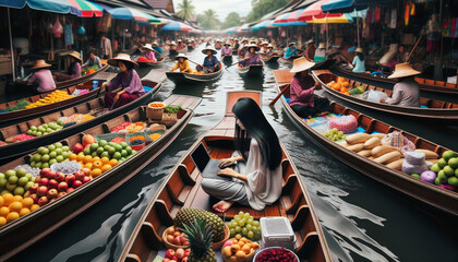 A digital nomad engrossed in her work on a laptop. in Floating market in Thailand