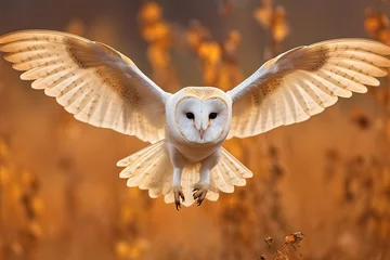 Fototapeten Barn owl flying with wings wide open. © Bargais