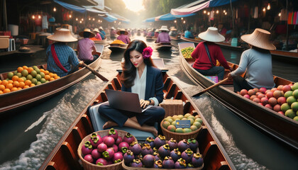 a digital nomad with a flower in her hair, sits in a wooden boat at a bustling floating market in Thailand. - obrazy, fototapety, plakaty