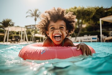 Laughing child in swimming pool floating on swimming ring. - obrazy, fototapety, plakaty