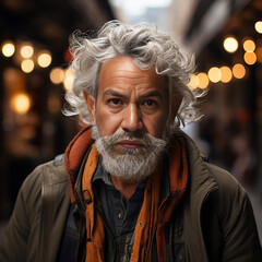 foto de hombre mayor de edad pelo y barba blanca usando chamarra