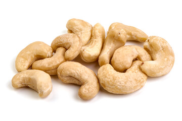 Organic Cashew nuts, close-up, isolated on white background.