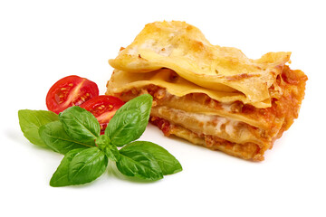 Lasagna, Traditional homemade Italian dish, isolated on white background.