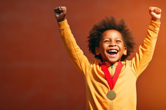 Little sports African American boy celebrating the win wearing a gold medal.