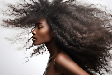 Beautiful African American young female model shaking her beautiful afro hair.