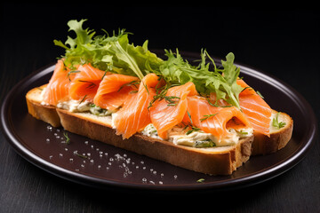 Delicious salmon toast topped with fresh arugula.