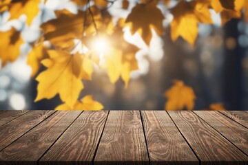 Naklejka na ściany i meble Colored fall leaves and wooden board, natural background, AI generated image