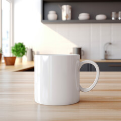Fototapeta na wymiar White ceramic coffee mug on the kitchen table. Mug mockup. Natural lighting inside a modern kitchen as the blurred background