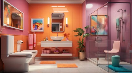 Interior of modern bright stylish bathroom in pop art style. 