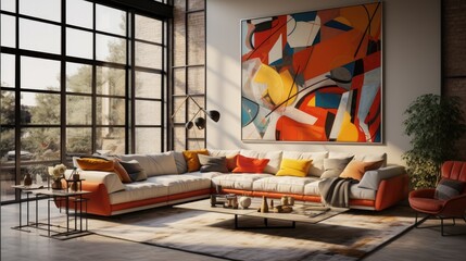 Interior of bright living room. Pop art living room. Modern interior of open space with design sofa, furniture, pillows and elegant personal acces