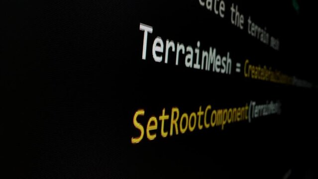 Closeup macro shot movement of coding script moving across LED screen with real-time AI-generated typing, showcasing advanced AI learning in optimization, debug and coding for software development.