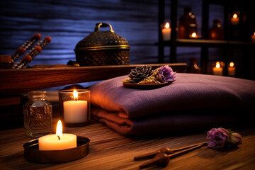 A beautiful massage room for complete relaxation. Candles, oil and towels create a wonderful relaxing atmosphere. - obrazy, fototapety, plakaty