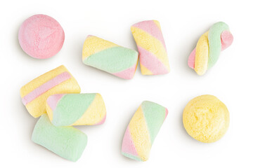 Colorful mini marshmallows isolated on white background with full depth of field. Top view. Flat lay