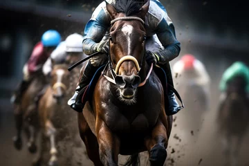 Foto auf Glas Front view of horse racing. © Bargais