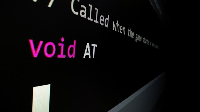 Closeup macro shot movement of coding script moving across LED screen with real-time AI-generated typing, showcasing advanced AI learning in optimization, debug and coding for software development.
