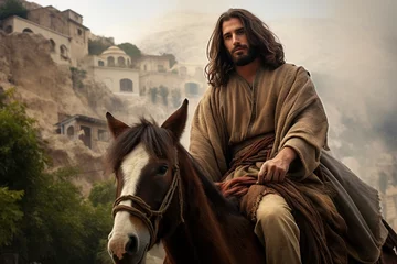 Muurstickers Jesus Christ riding a donkey into Jerusalem. © Bargais