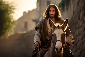 Tuinposter Jesus Christ riding a donkey into Jerusalem. © Bargais