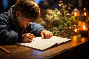 Little boy writes letter to Santa near Christmas tree. Christmas and New Year concept - obrazy, fototapety, plakaty