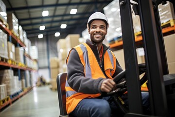 Logistics worker driving with forklift. - obrazy, fototapety, plakaty