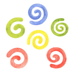 Set of watercolor illustrations. Set of colorful spirals, in children's style. Elements for designs, stickers, cards, templates, elements for patterns