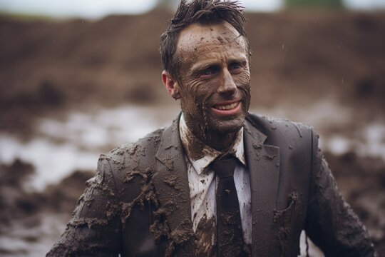 Businessman covered in mud.