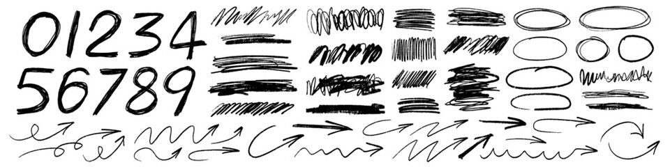 Grunge charcoal scribble stripes, freehand numbers, emphasis arrows, hand-drawn doodle squiggles, Chalk or marker doodle rouge scratches. Vector illustration of hand painted scrawl frames