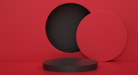 Pastel black cylinder podium with steps on red background