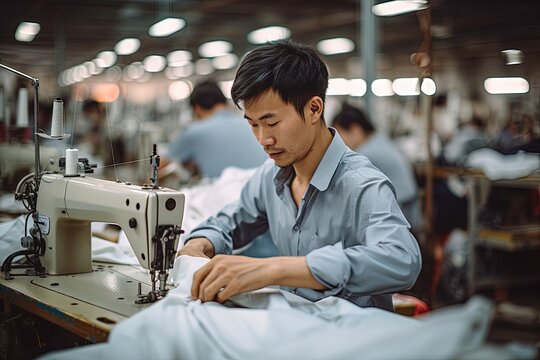 Asian seamstress male workers in textile factory sewing with industrial sewing machines.